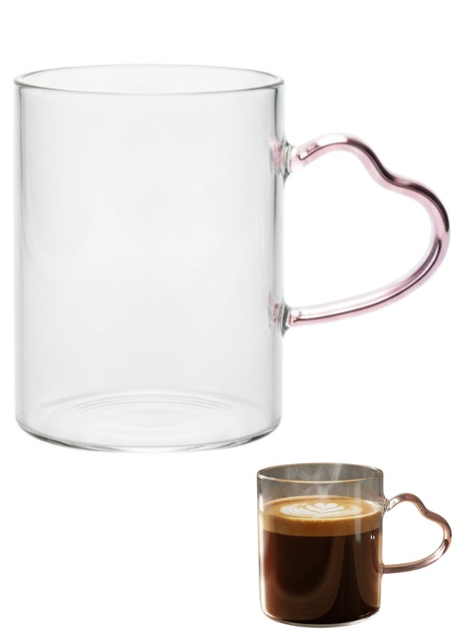 Luxury 400ml Borosilicate Glass Mug with Elegant Cylindrical Minimalist Design, Straight Clean Lines, Transparent High Purity Glass for Hot and Cold Beverages Including Coffee, Specialty Tea, Herbal Drinks, Fresh Juices, and Cold Drinks, Heart-Shaped Handle in Soft Pink Glass for Romantic and Artistic Touch, Flat Base for Stability, Polished Smooth Rim for Comfortable Drinking, Perfect for Lifestyle Photography, Social Media Content, Unique Gift Idea for Special Occasions, Durable Heat-Resistant Glass, Stylish and Functional Daily Use Mug for Office, Home, Kitchen, Coffee Lovers, Tea Enthusiasts, Artistic Glassware, Trendy Modern Design, Ideal for Specialty Coffee, Cold Drinks, Herbal Infusions, and Creative Beverage Presentation. - Image 1